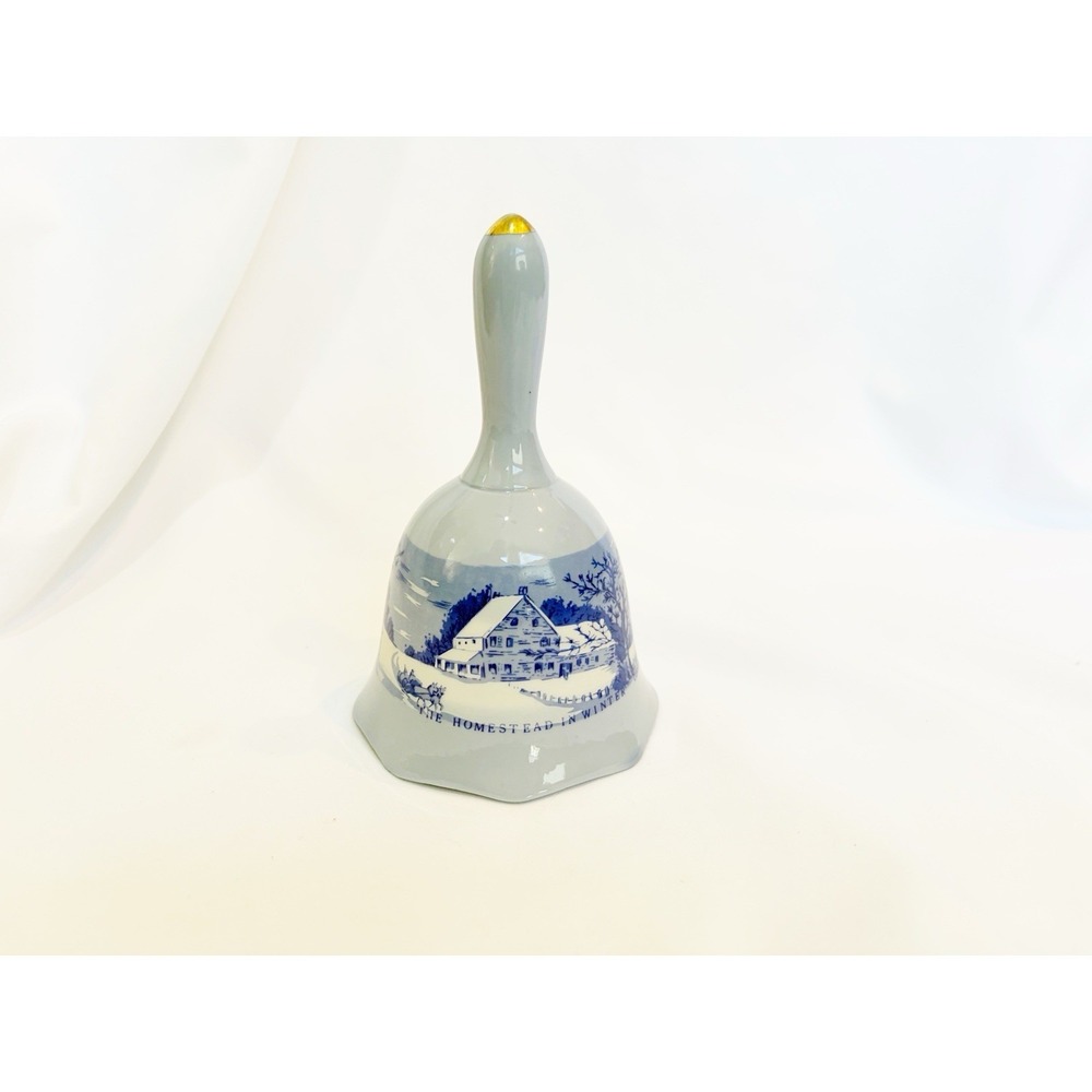 Vintage Currier and Ives Blue Porcelain Bell The Old Homestead in Winter